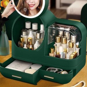 Large Capacity Cosmetic Organizer With Internal Fan And Led Mirror